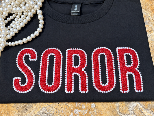 Red Glitter Sorority Shirt, Pearl Embroidered Greek Life Tee, Sisterhood Gift