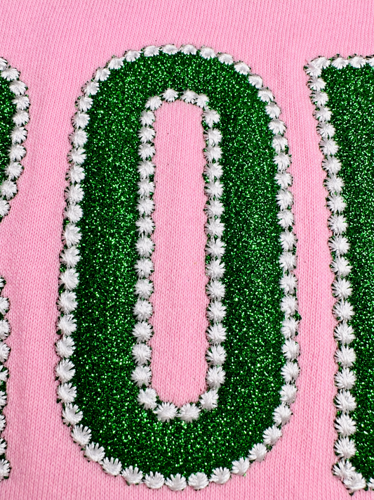 Pink Sorority T-Shirt, Green Glitter Soror Tee, Embroidered Pearl Details