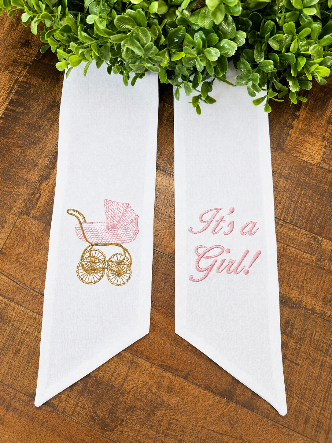 Embroidered Baby Wreath Sash, Pink Pram, "It's a Girl!" Door Hanger, Baby Shower Decor