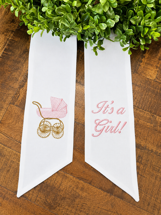 Embroidered Baby Wreath Sash, Pink Pram, "It's a Girl!" Door Hanger, Baby Shower Decor