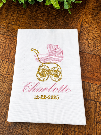 Embroidered Baby Girl Birth Announcement Keepsake | Personalized Name, Date Nursery Decor