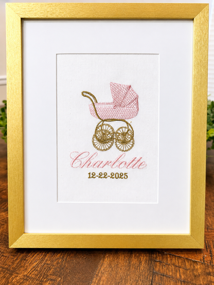 Embroidered Baby Girl Birth Announcement Keepsake | Personalized Name, Date Nursery Decor