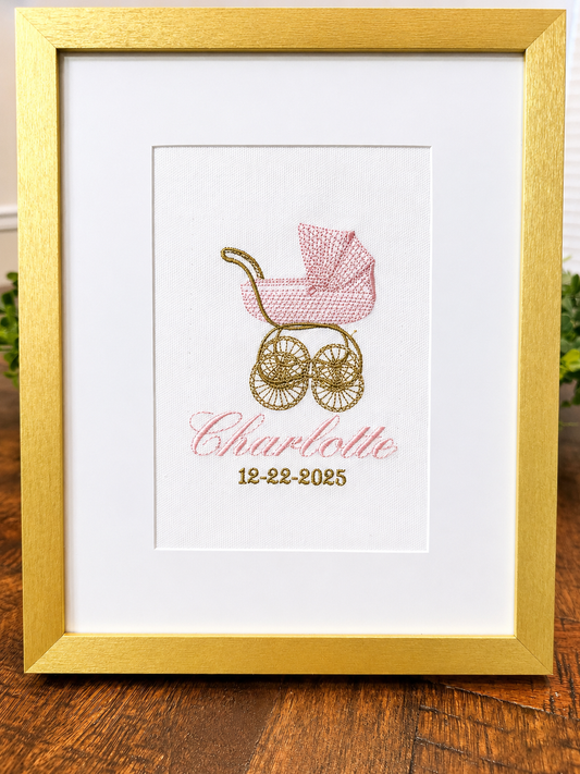 Embroidered Baby Girl Birth Announcement Keepsake | Personalized Name, Date Nursery Decor