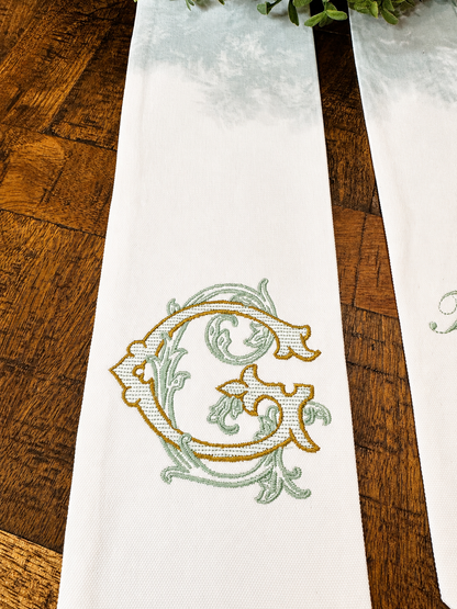 Personalized Wedding Wreath Sash, Monogram Door Hanger, Custom Embroidered Sash, Couple Names Date