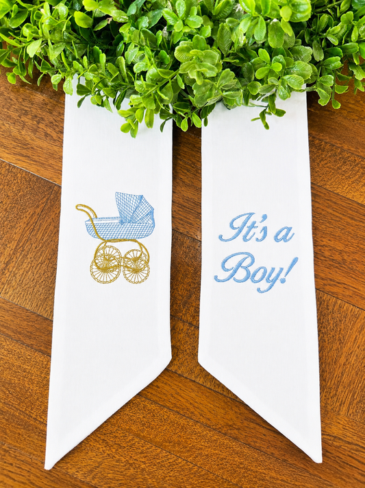 Embroidered Baby Wreath Sash, Vintage Pram, "It's a Boy!" Door Hanger, Baby Shower Decor
