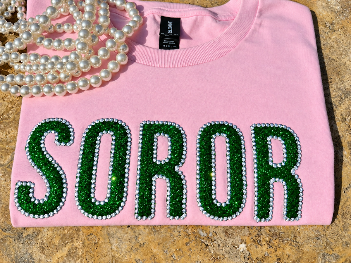 Pink Sorority T-Shirt, Green Glitter Soror Tee, Embroidered Pearl Details
