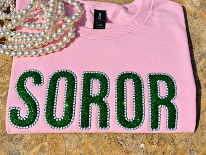 Pink Sorority T-Shirt, Green Glitter Soror Tee, Embroidered Pearl Details
