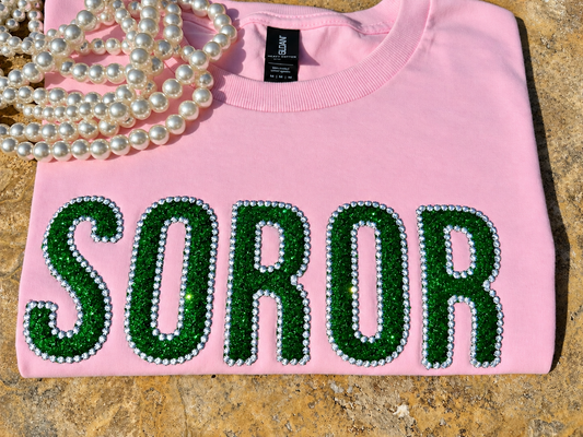 Pink Sorority T-Shirt, Green Glitter Soror Tee, Embroidered Pearl Details