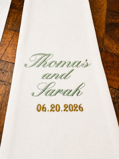 Personalized Wedding Wreath Sash, Monogram Door Hanger, Custom Embroidered Sash, Couple Names Date
