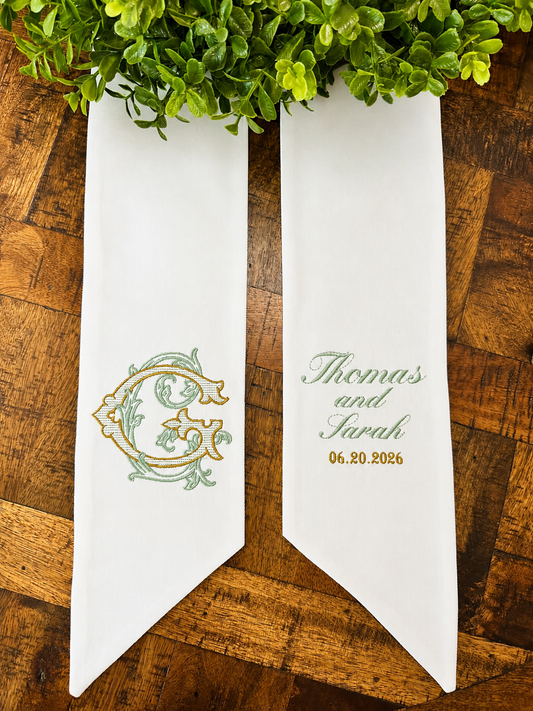 Personalized Wedding Wreath Sash, Monogram Door Hanger, Custom Embroidered Sash, Couple Names Date