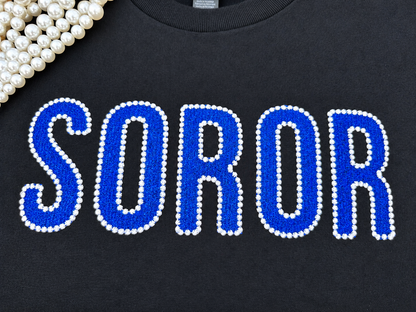 Blue Glitter Sorority Shirt, Pearl Embroidered Greek Life Tee (Black)