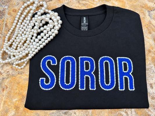 Blue Glitter Sorority Shirt, Pearl Embroidered Greek Life Tee (Black)